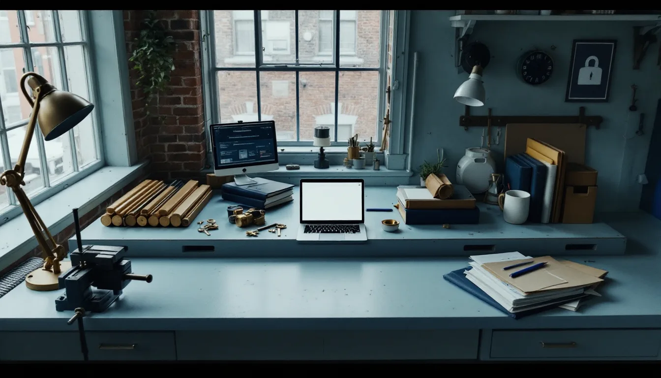 A long pale workbench under a tall window, set with a laptop, brass key blanks, a lock cylinder in a vise and a stack of navy folios