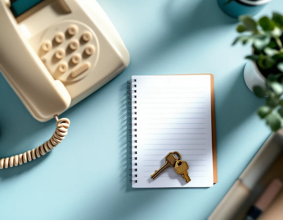A telephone handset off its cradle beside a message pad, a brass key and a hardware security key on the bench