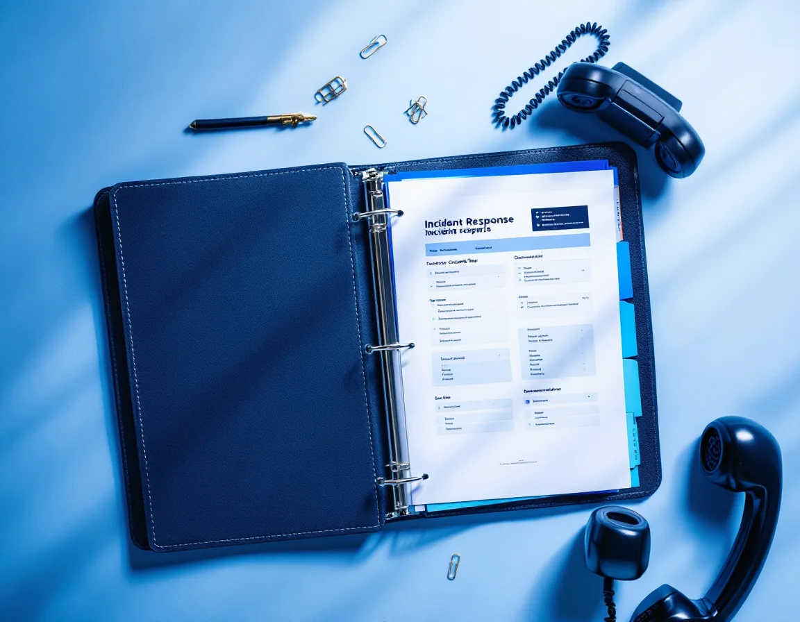 An open navy incident-response binder with blue tab dividers, a printed contact tree and a desk-phone handset