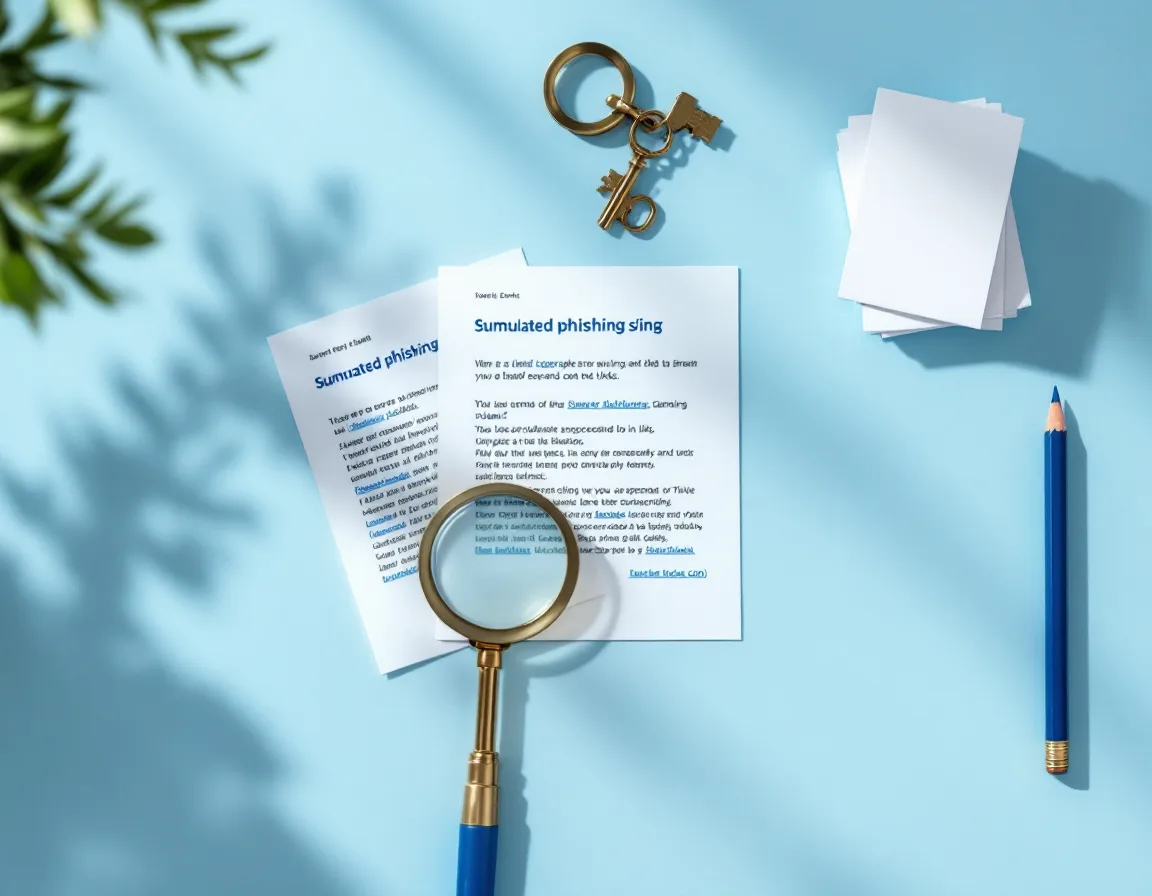 Printed phishing emails with blue pencil circles around suspicious sender addresses, a brass loupe and a small key